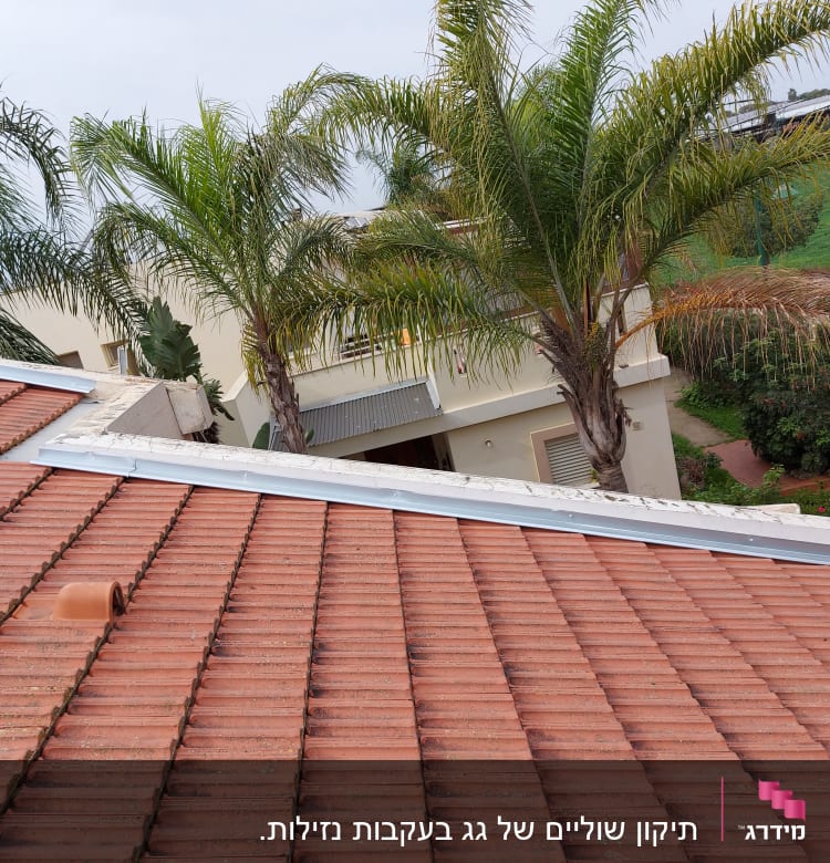 גג רעפים אדומים עם תעלה מתכתית לאורכו